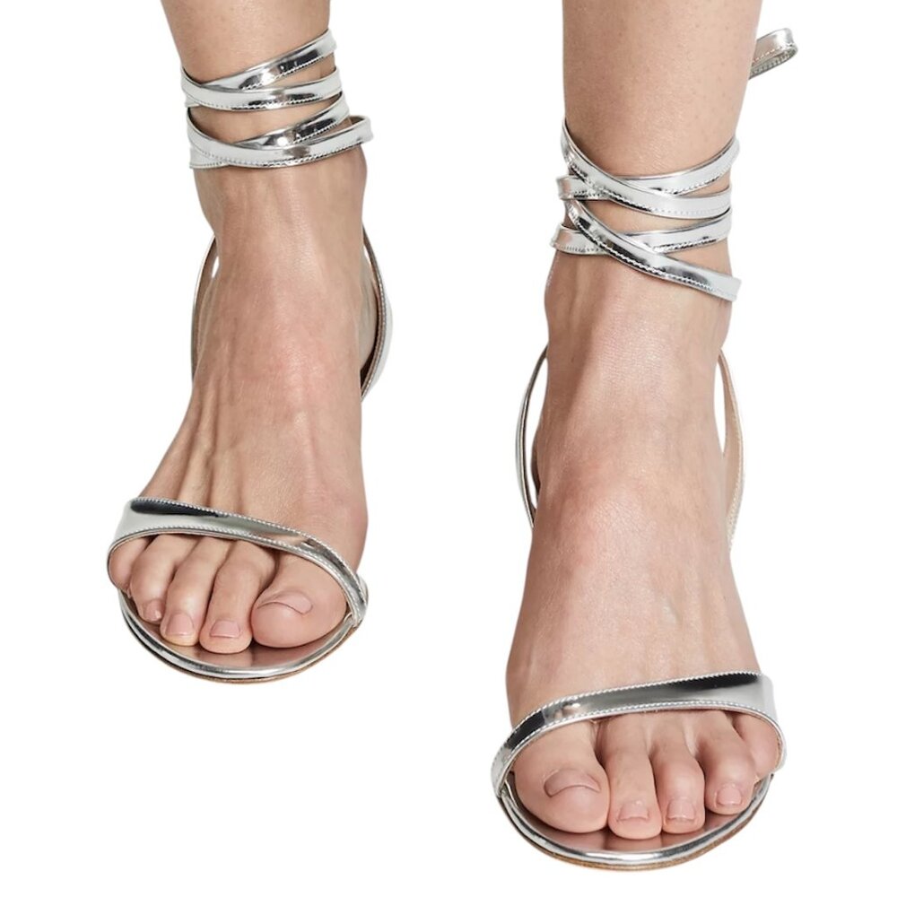 Tibi Scott Specchio Silver Leather Lace Up Kitten Heel Sandal